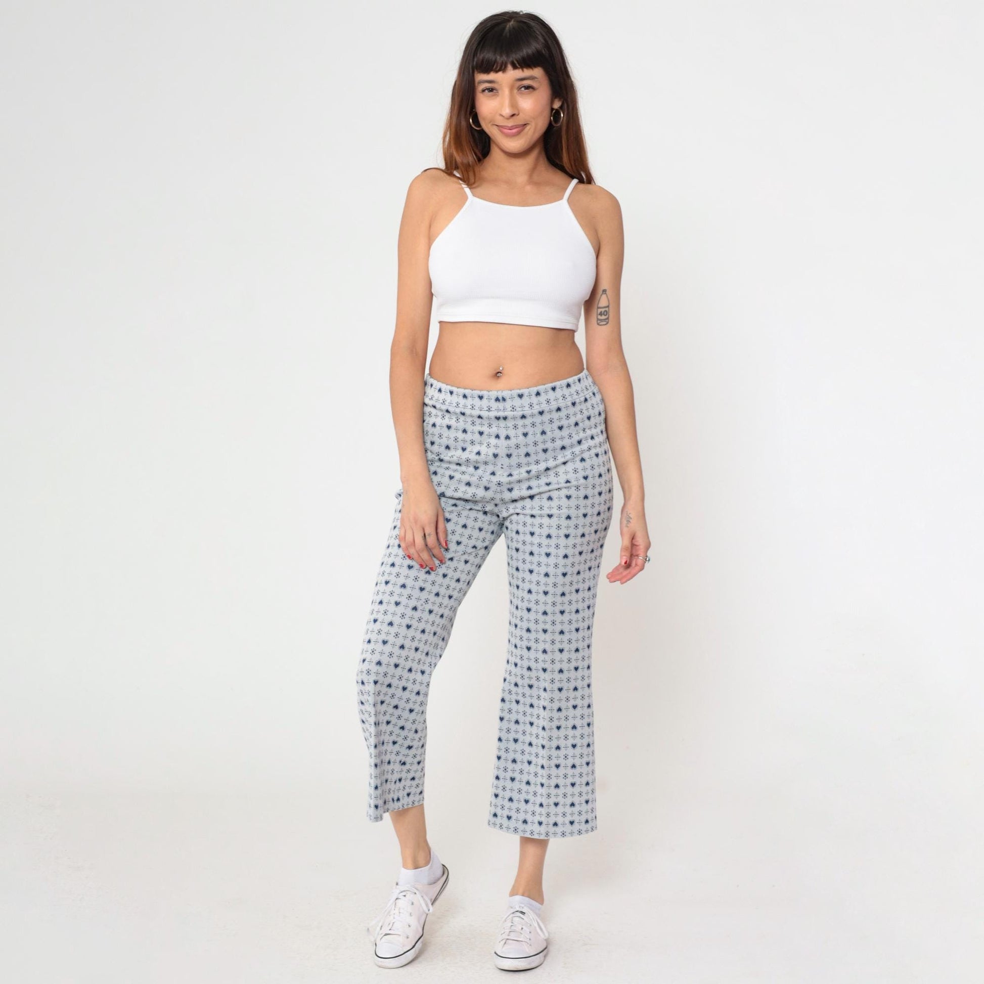 70s Heart Print Flared Trousers Grey Blue High Waisted Bell Bottoms Small