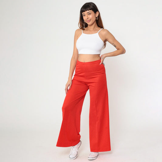 70s Red Wide Leg Flared Pants High Rise Geometric Texture Small Medium