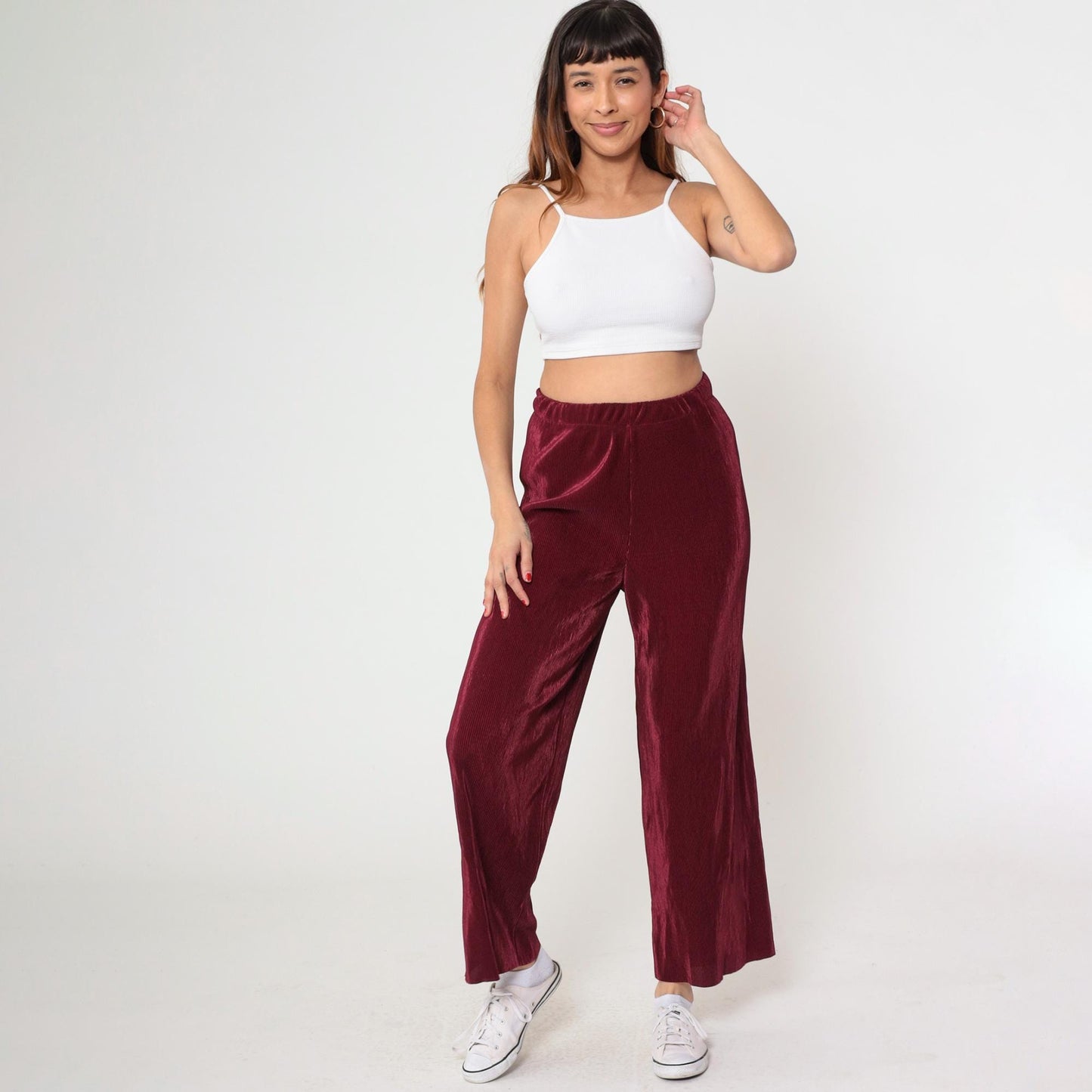 90s Burgundy Wide Leg High Waist Pants Ribbed Texture Medium M