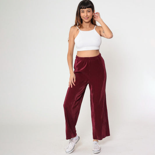 90s Burgundy Wide Leg High Waist Pants Ribbed Texture Medium M