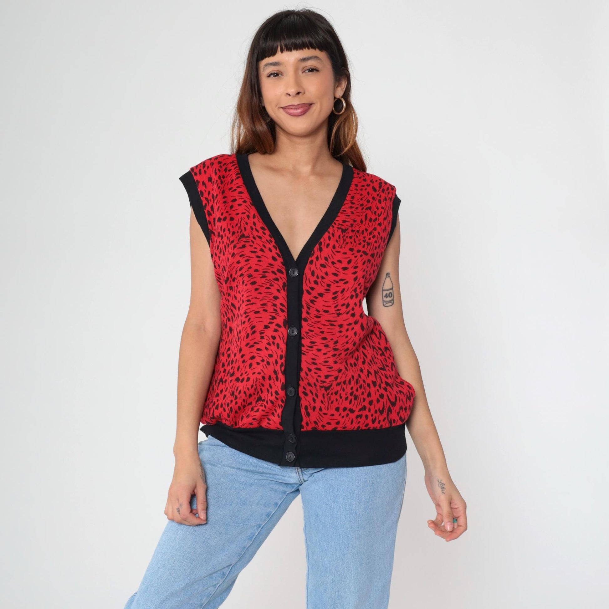 80s C'est George Red Leopard Print Vest V-Neck Sleeveless Button-Up Large L
