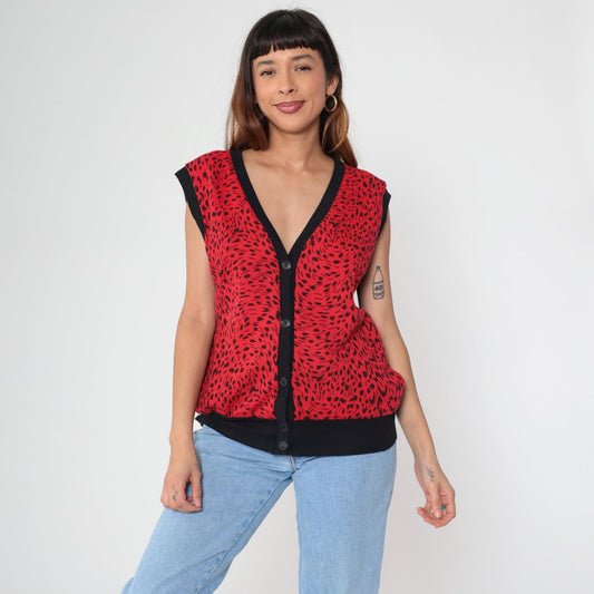 80s C'est George Red Leopard Print Vest V-Neck Sleeveless Button-Up Large L