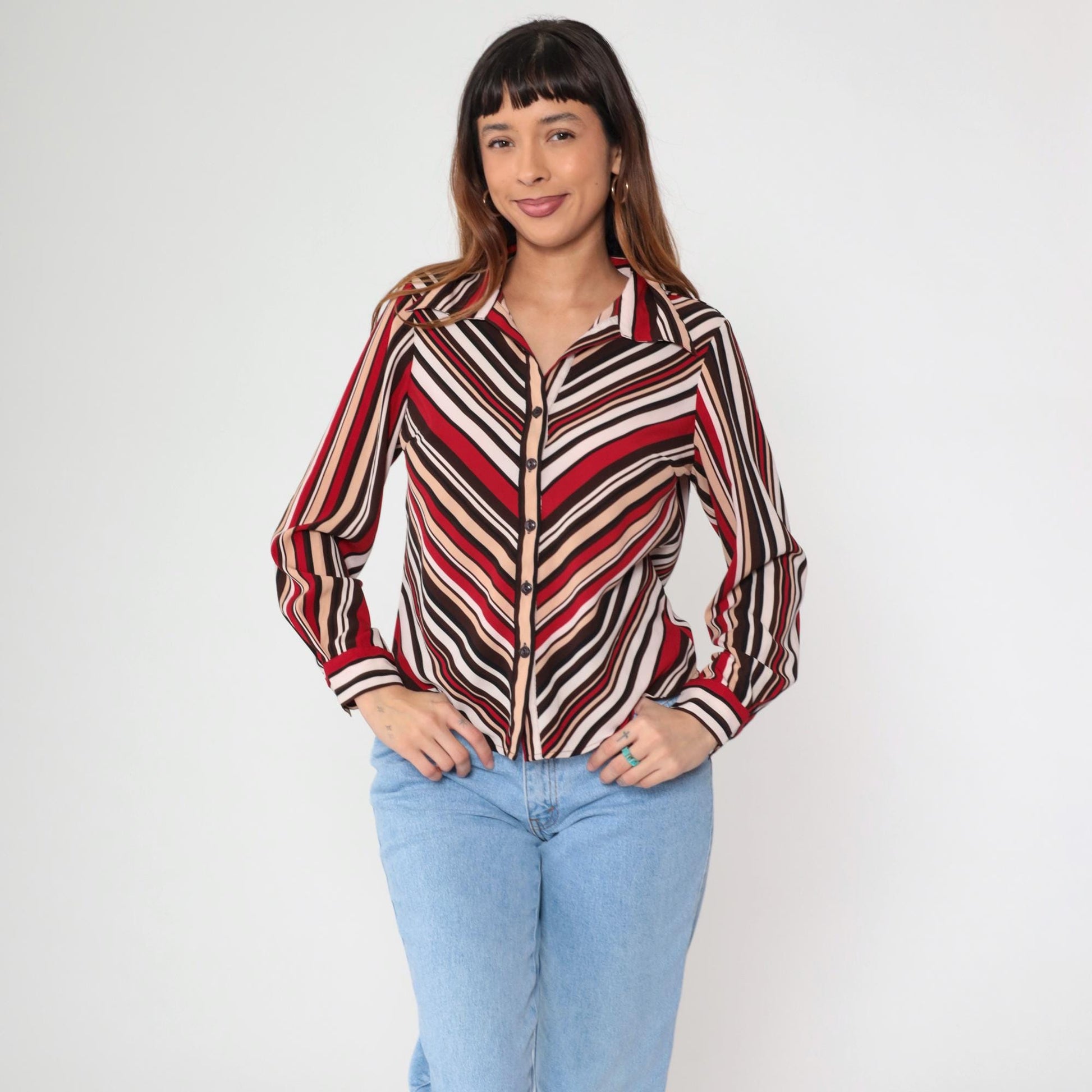 Y2K Chevron Stripe Button Up Blouse Red Brown Tan White Long Sleeve Small S