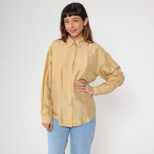 90s Champagne Silk Button-Up Blouse Long Sleeve Chest Pocket Small