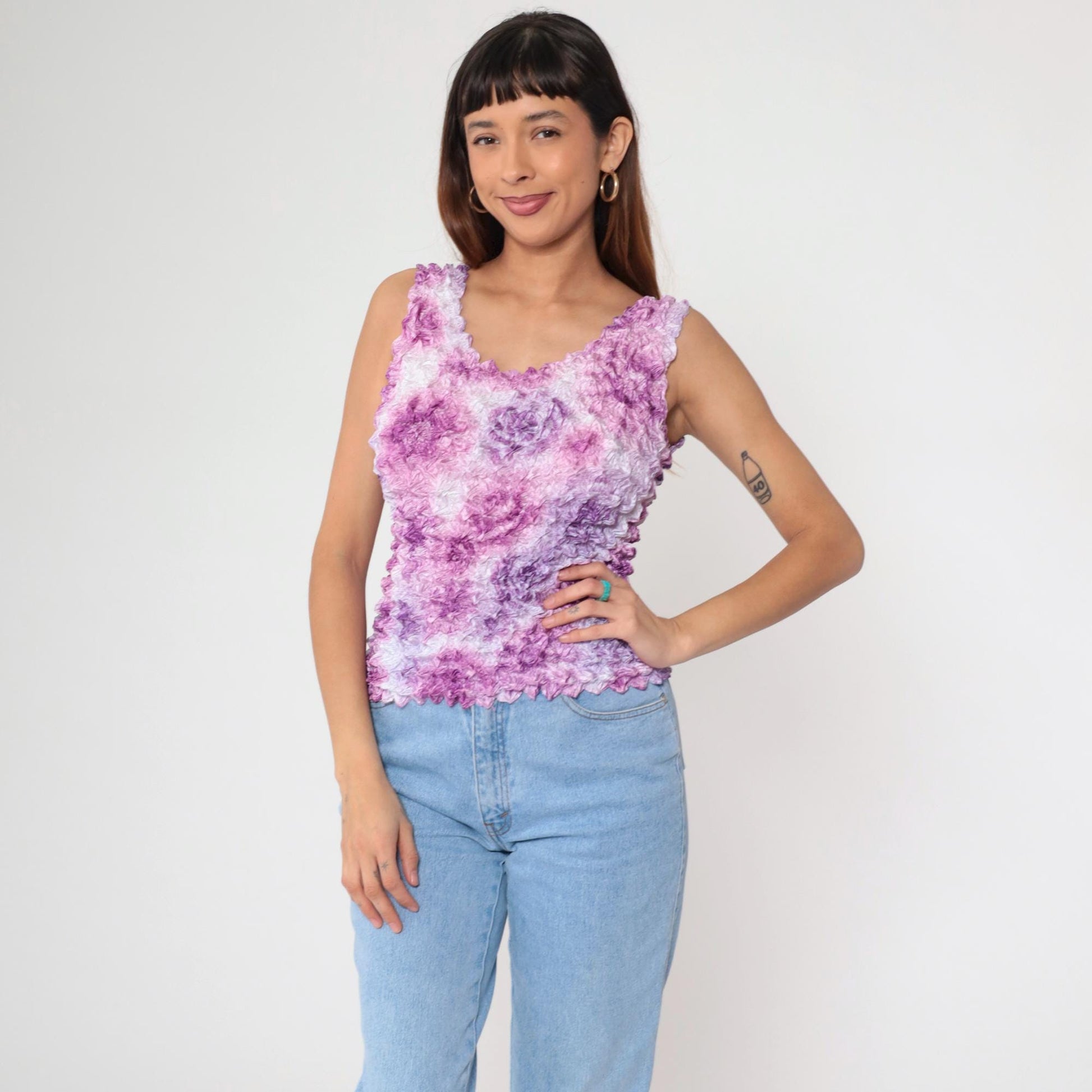 Y2K Purple Floral Popcorn Texture Tank Top Sleeveless Blouse One Size