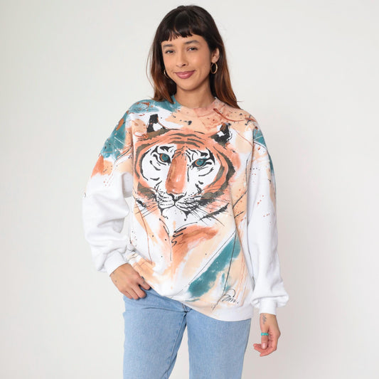 80s Hand-Painted Tiger Sweatshirt Metallic Glitter White Graphic Jumper Large L
