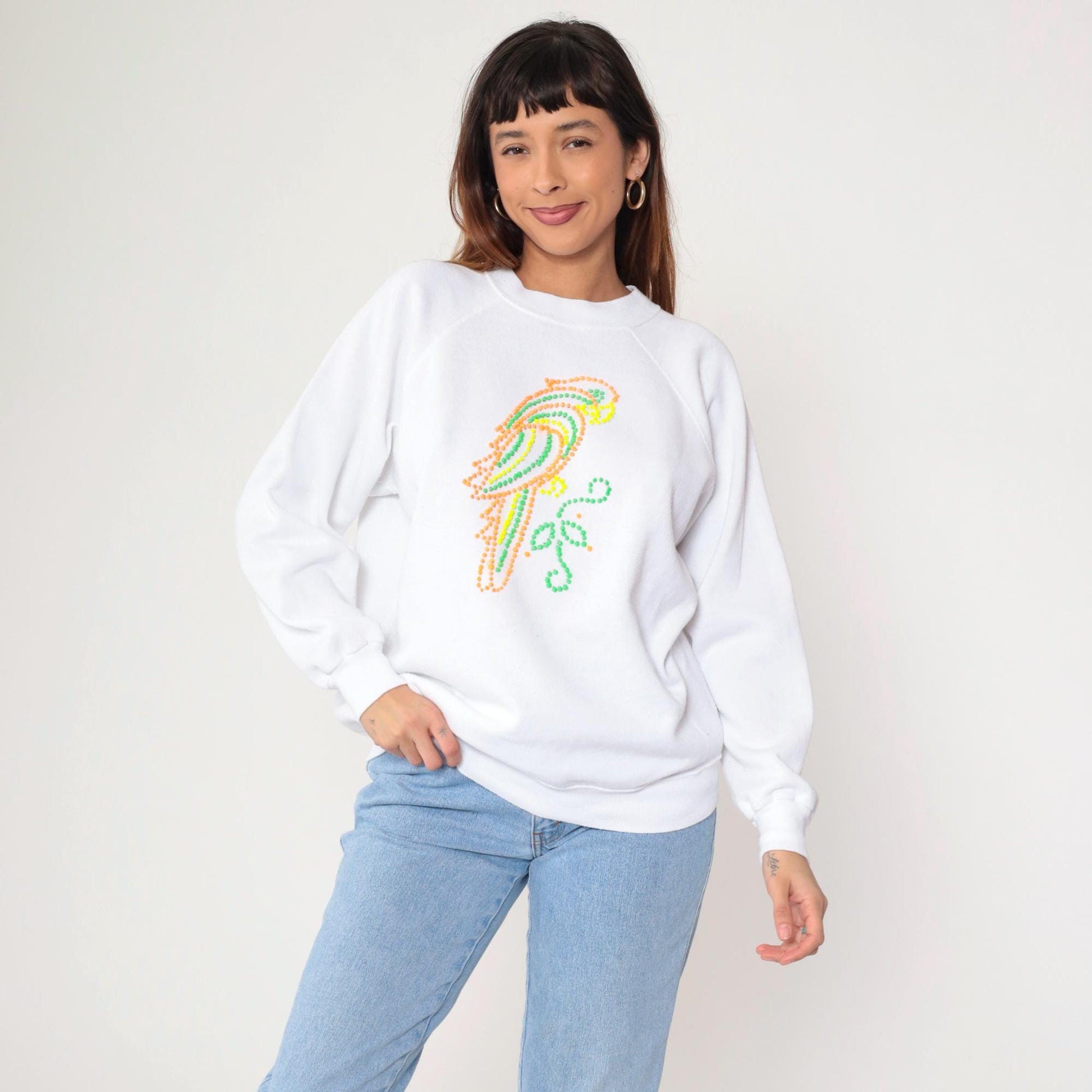 90s Neon Parrot Sweatshirt White Painted Graphic Raglan Crewneck Extra Large XL