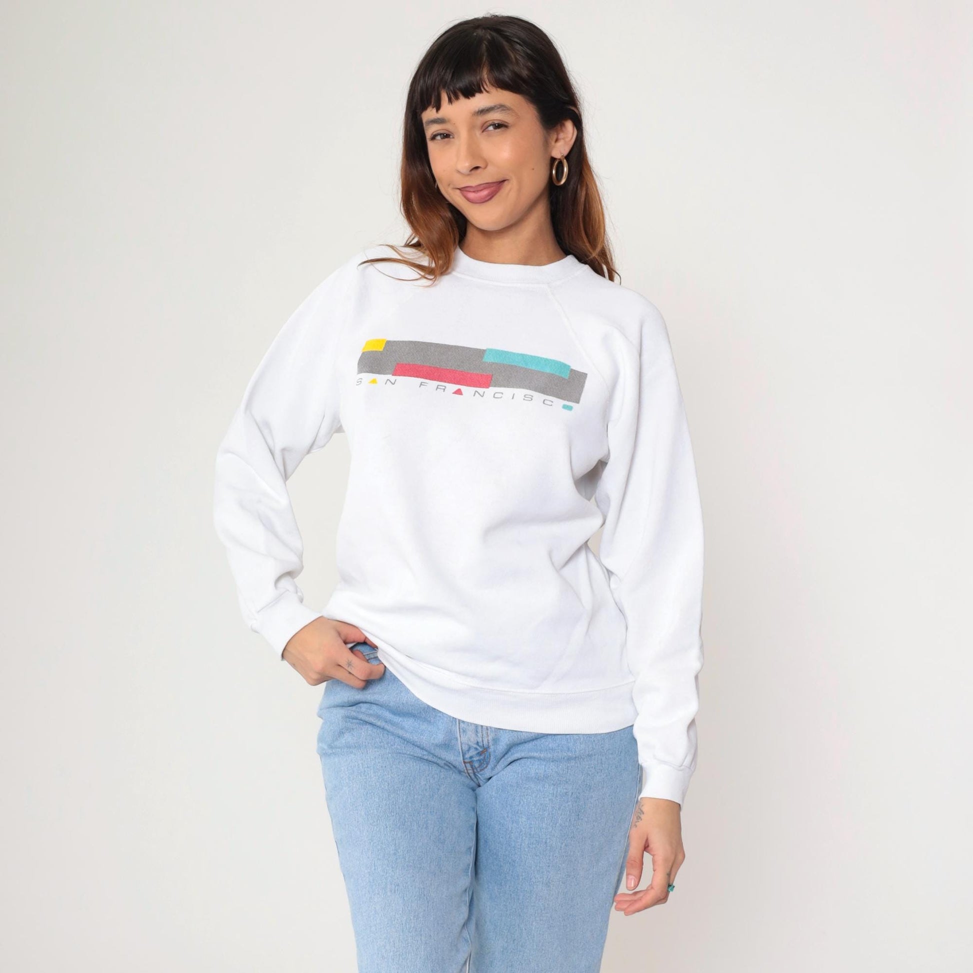 90s San Francisco Spellout Sweatshirt White Raglan Crewneck Medium