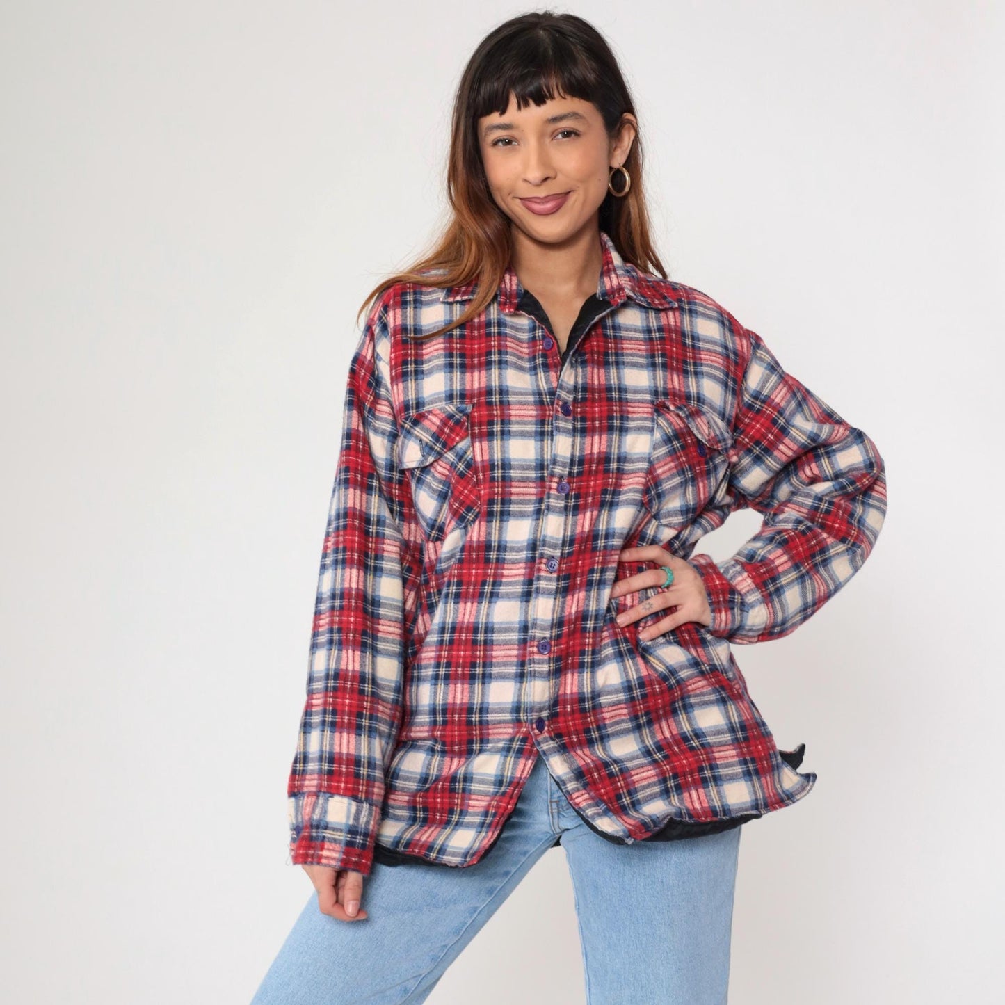 90s Dickies Plaid Insulated Overshirt Red White Blue Quilted Flannel Large