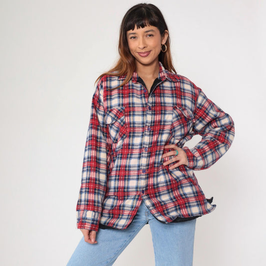 90s Dickies Plaid Insulated Overshirt Red White Blue Quilted Flannel Large
