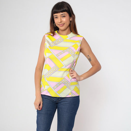 70s Geometric Tank Top Psychedelic Print Pink Yellow Sleeveless Medium M