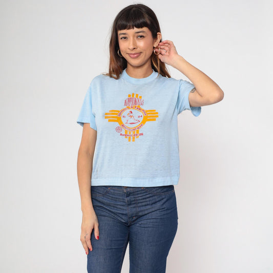 80s Albuquerque Women's A Fast Pitch Softball Graphic Tee Baby Blue Cropped Medium
