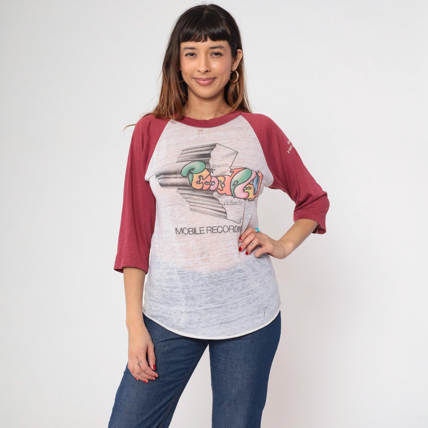 80s Record Plant Mobile Recording Raglan Tee White Maroon Burnout Medium Large
