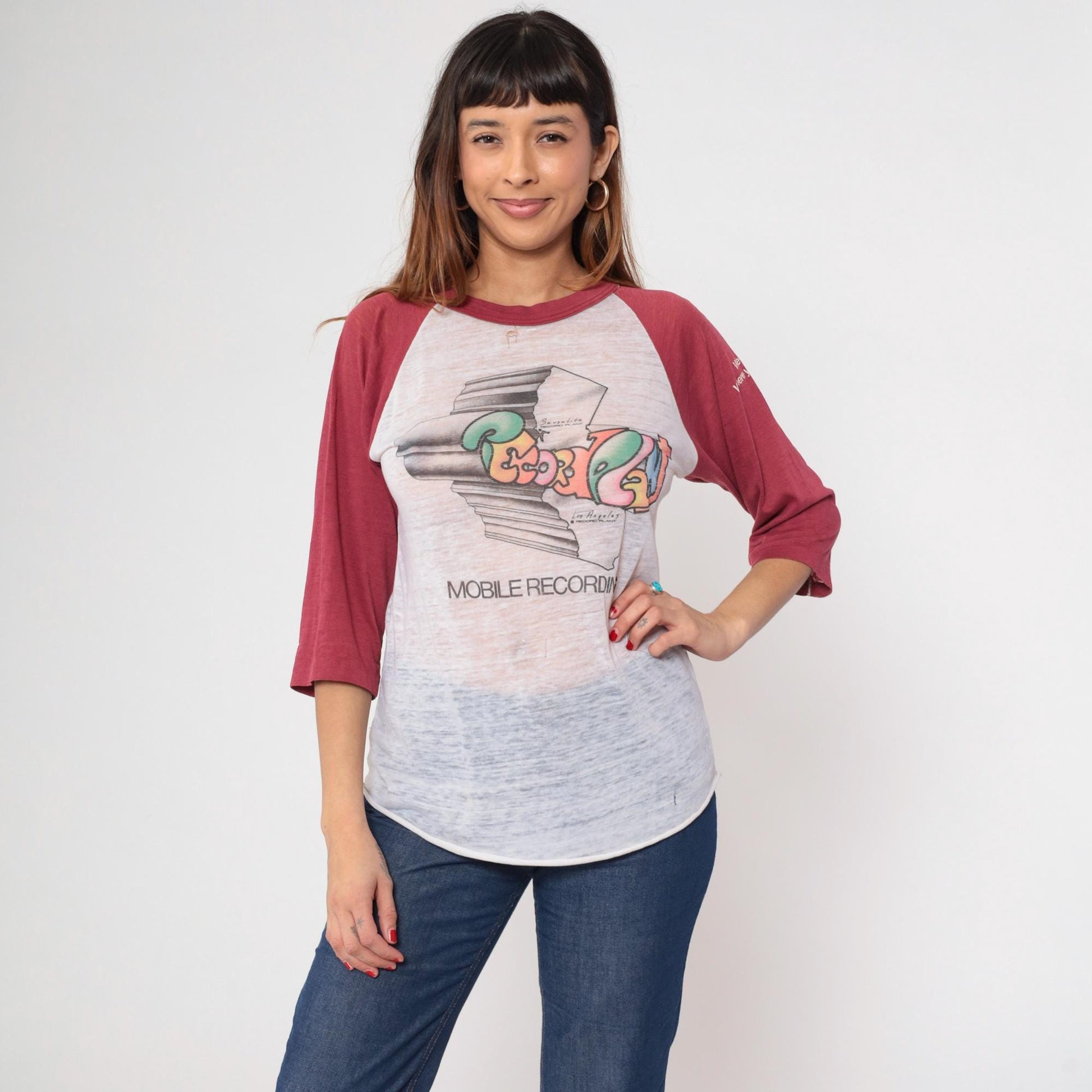 80s Record Plant Mobile Recording Raglan Tee White Maroon Burnout Medium Large