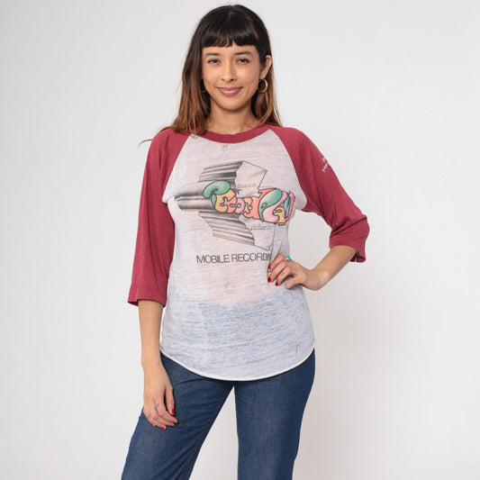 80s Record Plant Mobile Recording Raglan Tee White Maroon Burnout Medium Large