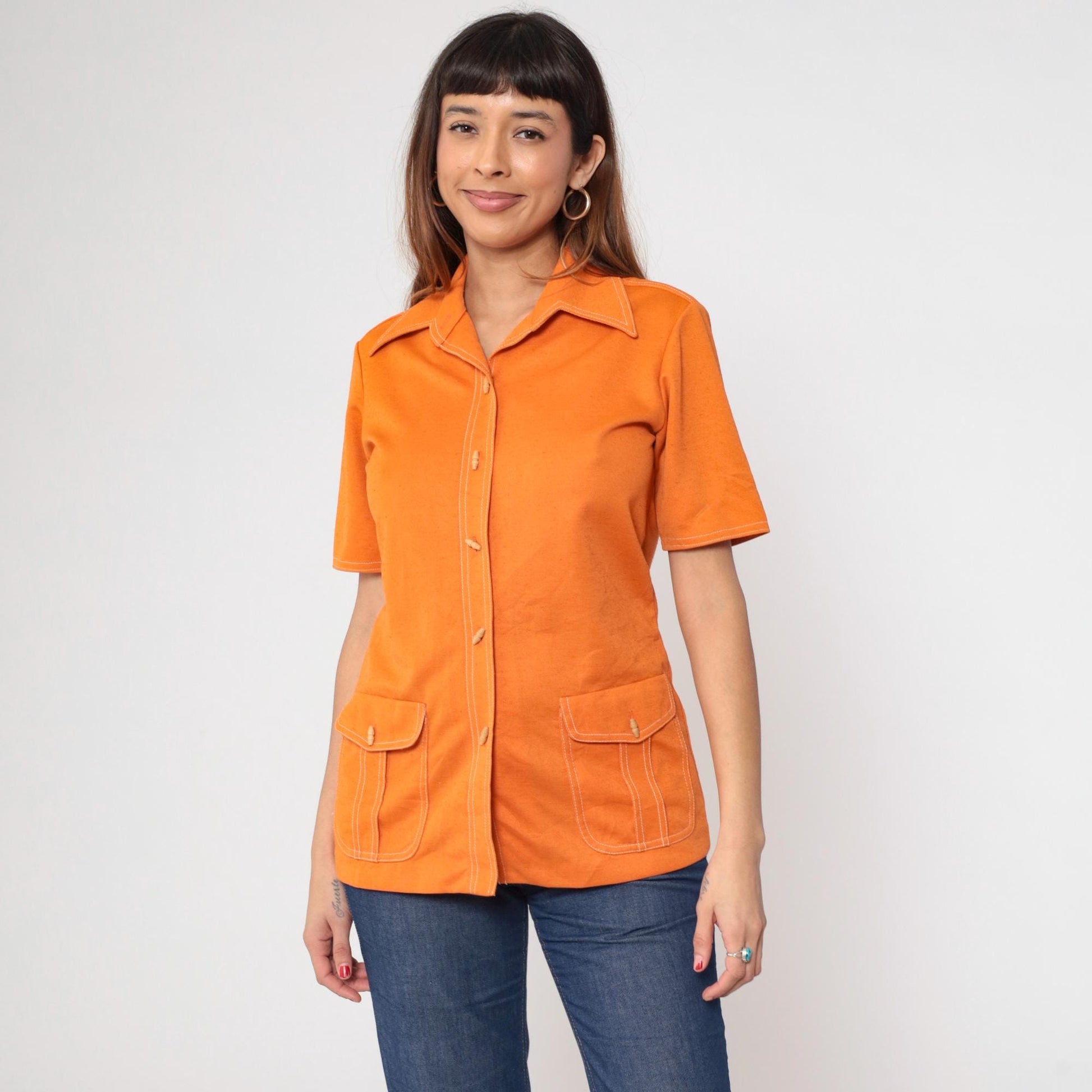 70s Koret of California Orange Button-Up Blouse Toggle Collar Short Sleeve Small