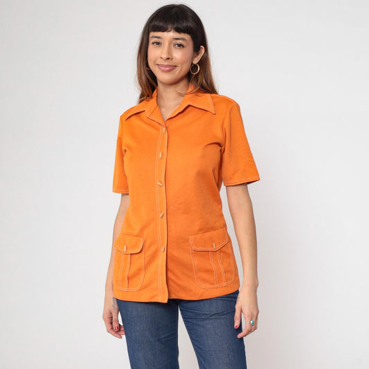 70s Koret of California Orange Button-Up Blouse Toggle Collar Short Sleeve Small