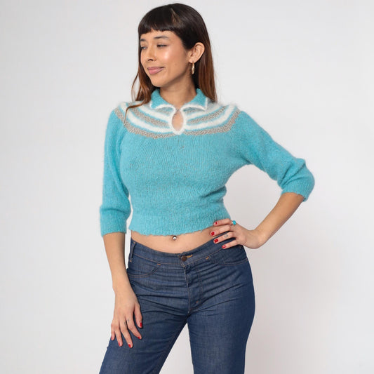 80s Blue Cropped Knit Sweater Keyhole Neckline Openwork Pullover Extra Small