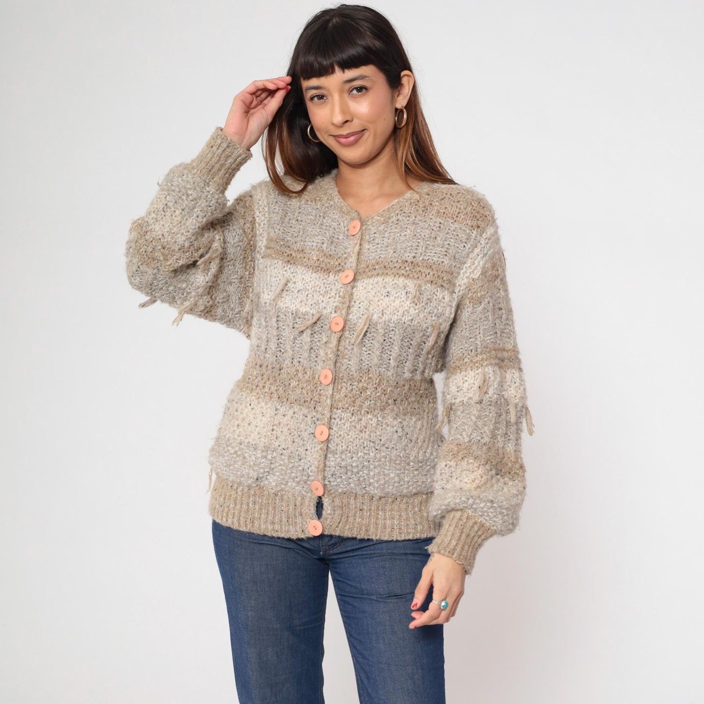 80s Sideffects Striped Cardigan Tan Grey Fringe Knit Small