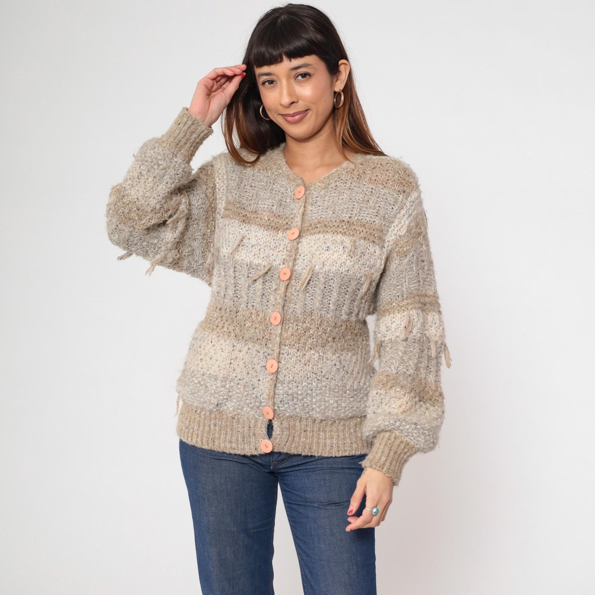 80s Sideffects Striped Cardigan Tan Grey Fringe Knit Small