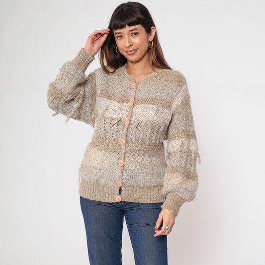 80s Sideffects Striped Cardigan Tan Grey Fringe Knit Small
