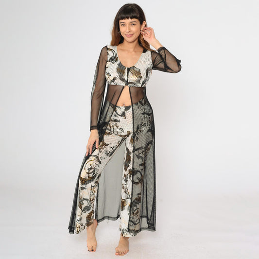 Y2K Metallic Dot Two Piece Jumpsuit Set Black Mesh Crop Jacket Flared Pants Small