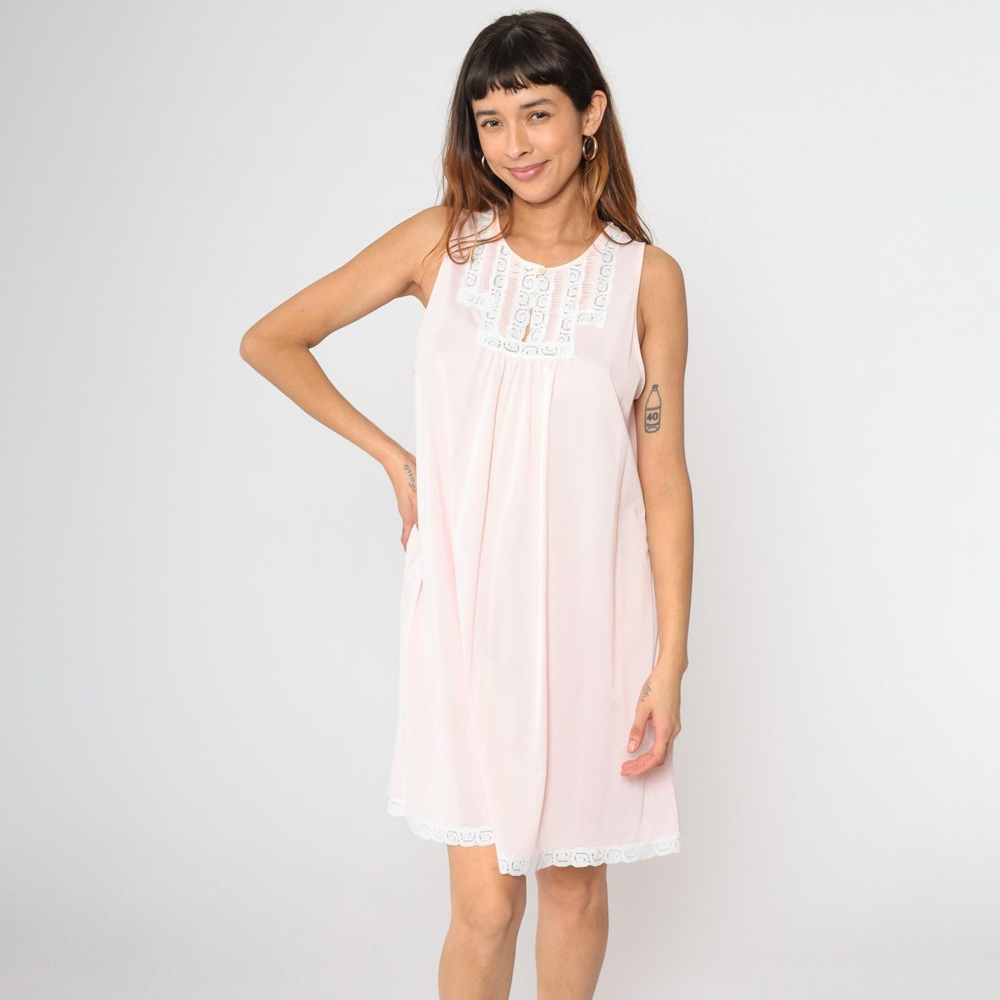 70s Baby Pink Nylon Nightgown & Robe Set Lace Trim Mini Large L