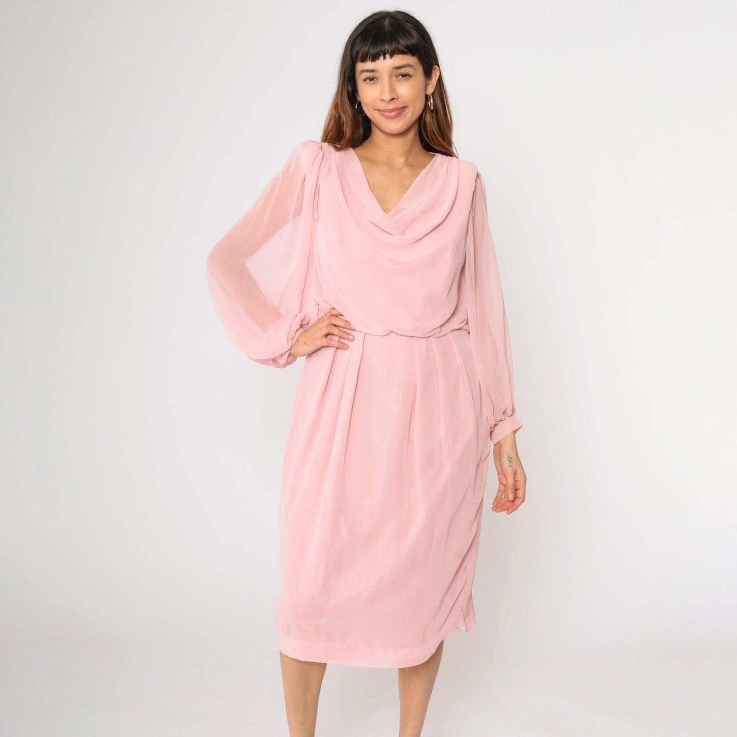 80s Susan Howard California Pink Chiffon Cowl Neck Midi Dress Medium M