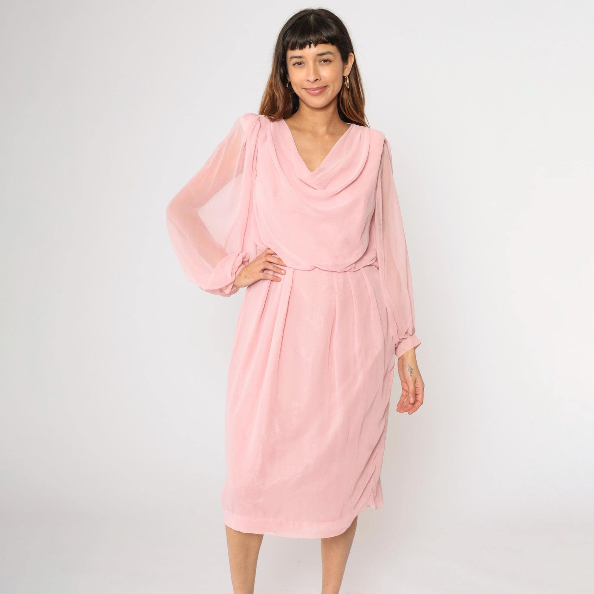 80s Susan Howard California Pink Chiffon Cowl Neck Midi Dress Medium M