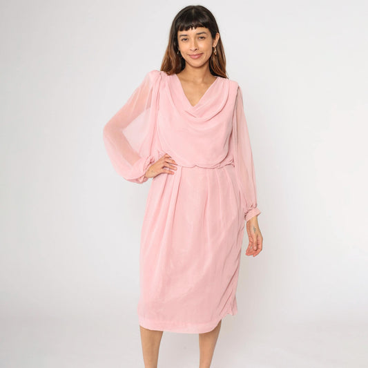 80s Susan Howard California Pink Chiffon Cowl Neck Midi Dress Medium M