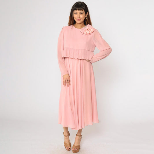 80s Ursula of Switzerland Pink Chiffon Midi Dress Puff Sleeve Bow Medium