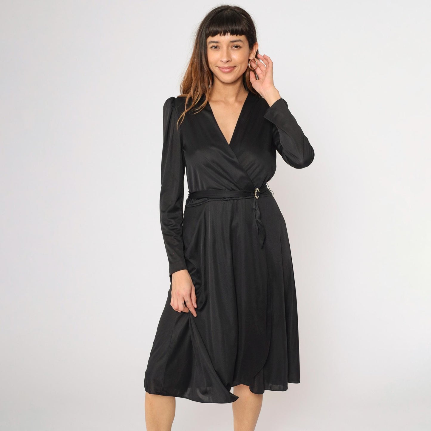 70s Black Wrap Dress Puff Sleeve Deep V Midi High Waist Rhinestone Belt Small