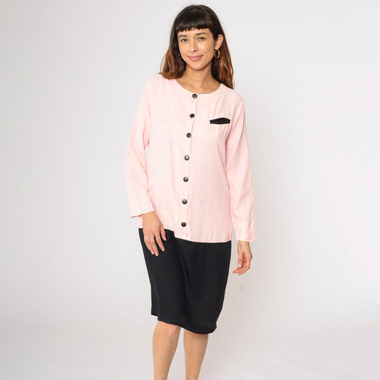 80s Pink Black Colorblock Dress Button Up Knee Length Medium