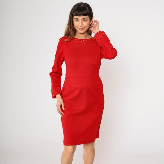80s Nicole Studio Red Studded Knit Dress Gold Trim Pencil High Waist Medium