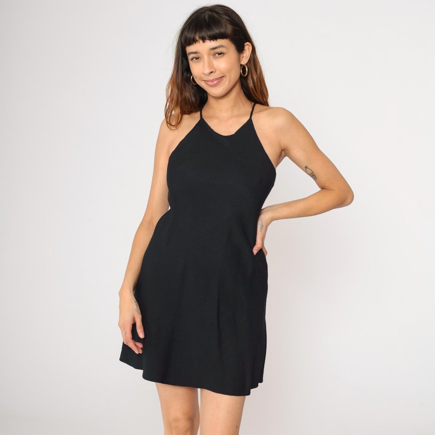 90s Black Mini Dress Racerback Spaghetti Strap A-Line Small S
