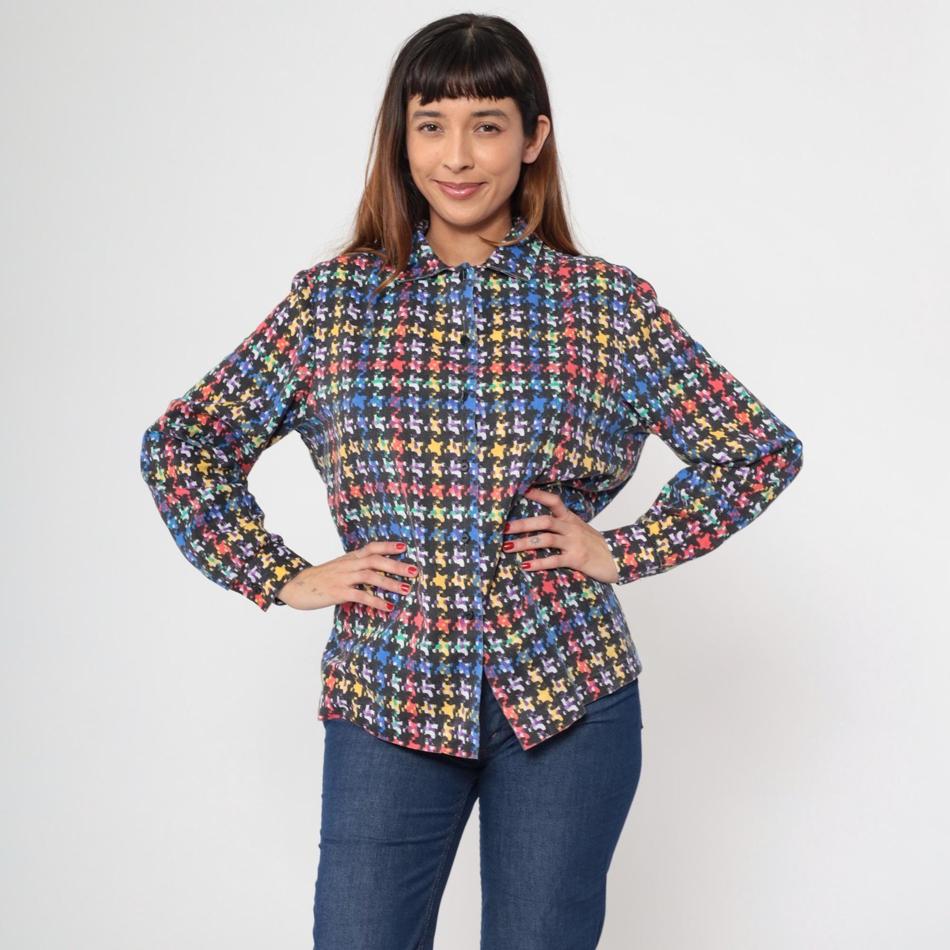 80s Rainbow Plaid Button-Up Blouse Black Checkered Long Sleeve Collared Large L