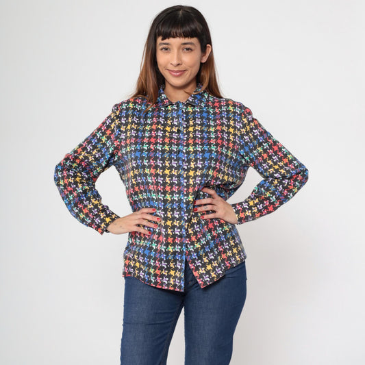 80s Rainbow Plaid Button-Up Blouse Black Checkered Long Sleeve Collared Large L
