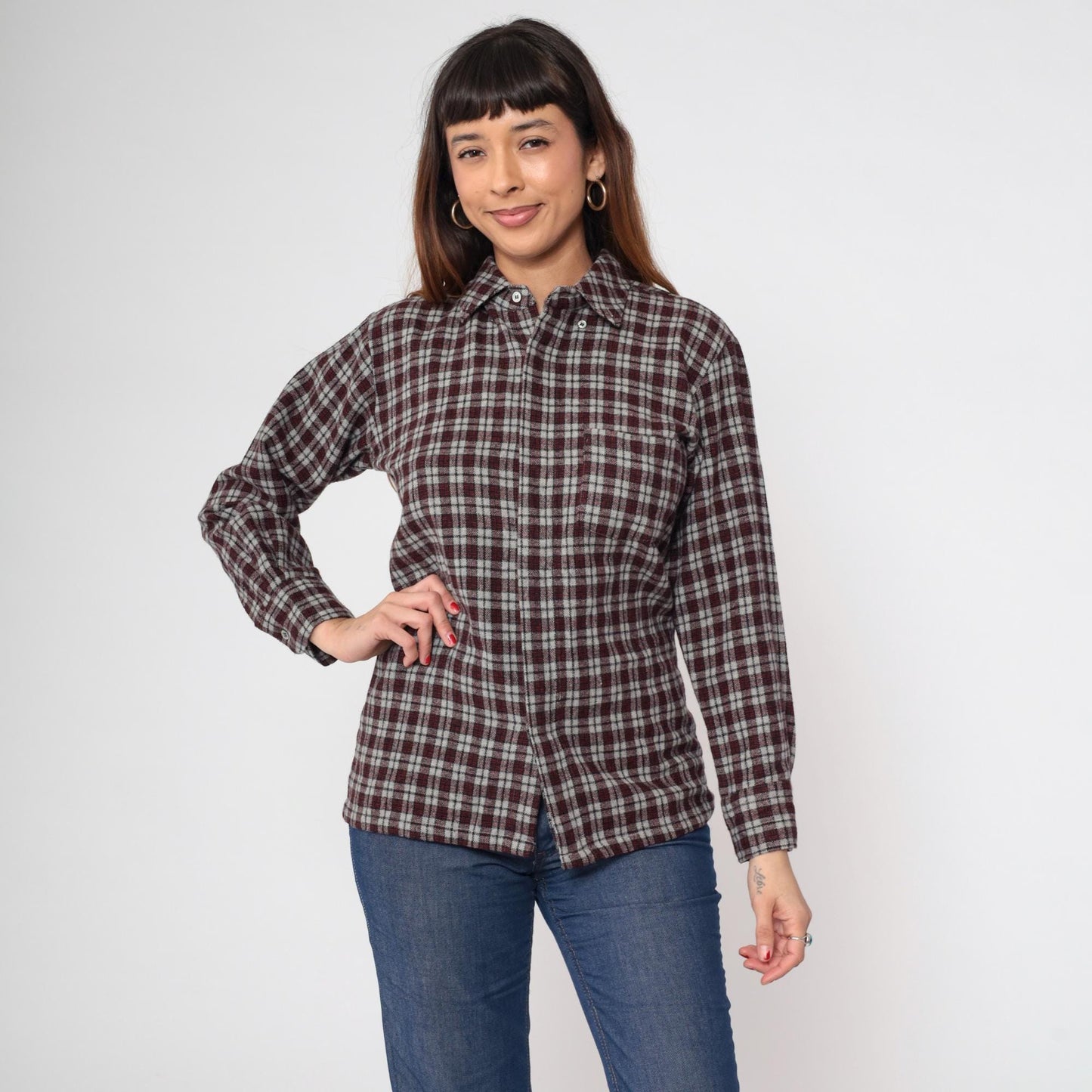 80s Rollex Wool Blend Plaid Button-Up Shirt Grey Red Small
