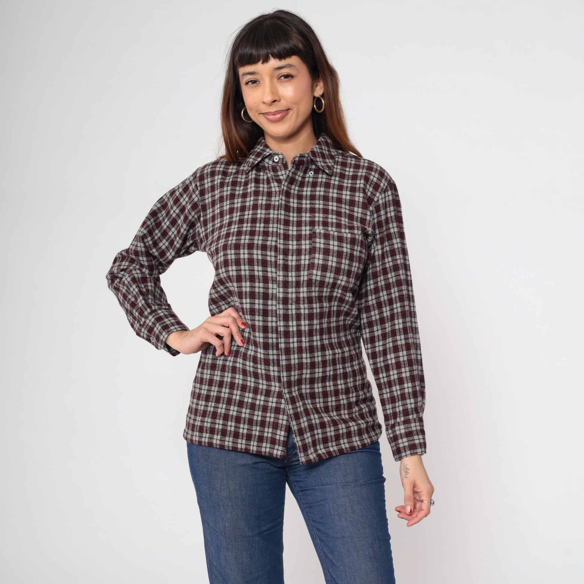 80s Rollex Wool Blend Plaid Button-Up Shirt Grey Red Small