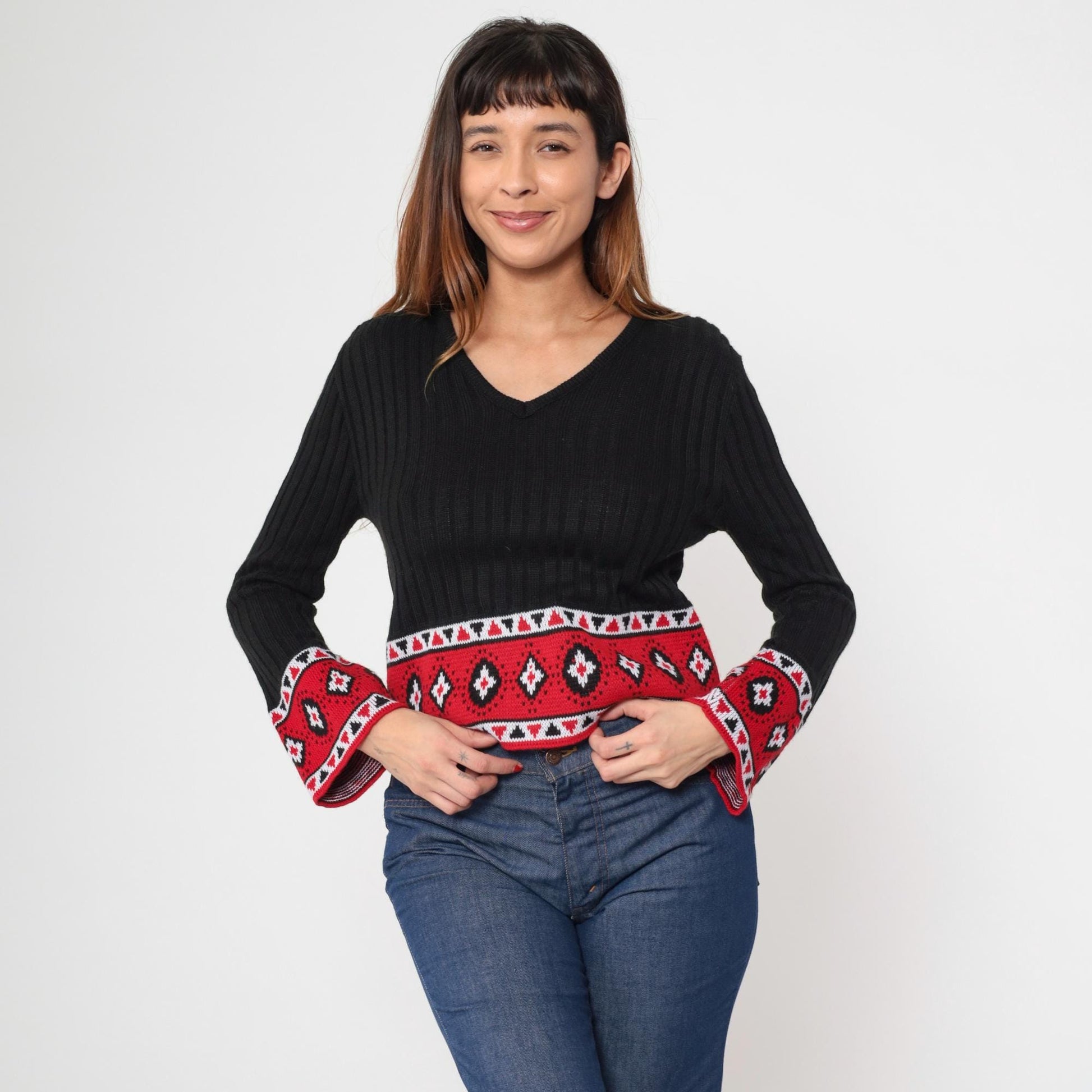 80s LA Express Geometric Bell Sleeve Sweater Black Knit Cropped V-Neck Medium