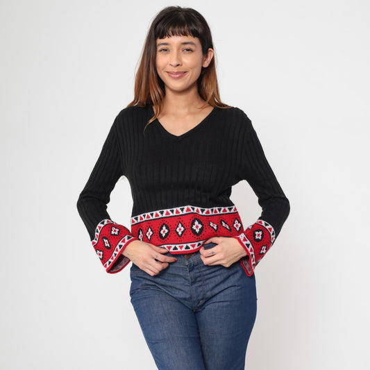 80s LA Express Geometric Bell Sleeve Sweater Black Knit Cropped V-Neck Medium