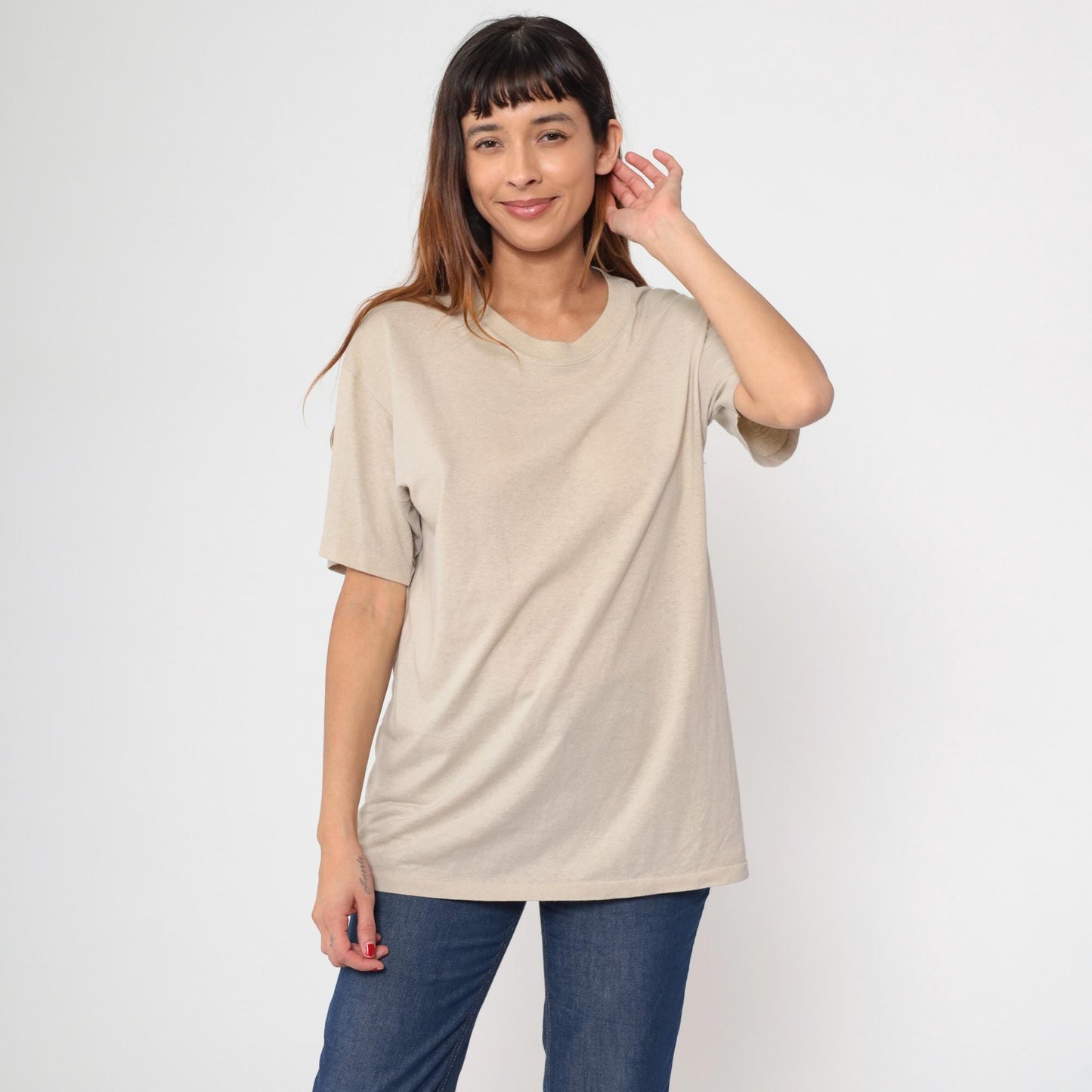 80s Plain Taupe Crewneck T-Shirt Single Stitch Duke Athletic Large L