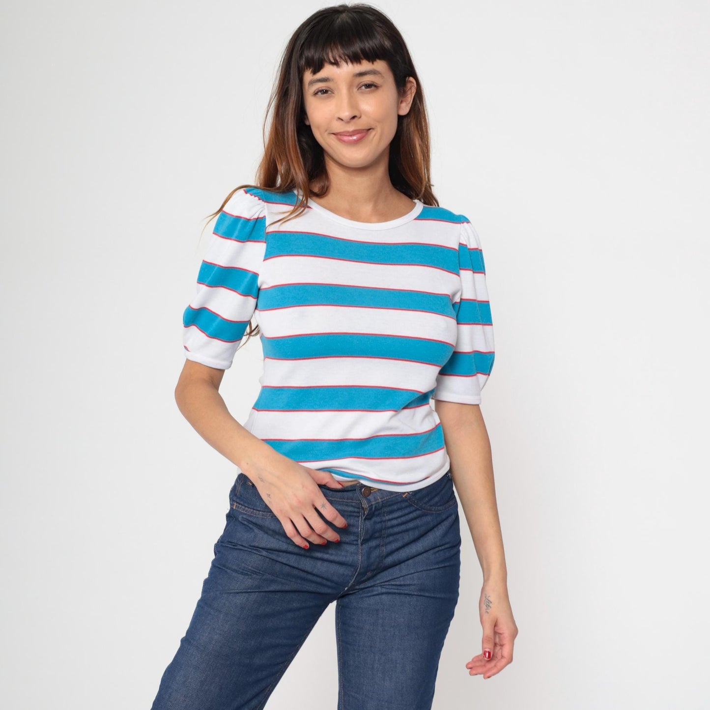 80s Fritzi Striped T-Shirt Puff Sleeve White Blue Red Small