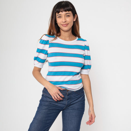 80s Fritzi Striped T-Shirt Puff Sleeve White Blue Red Small