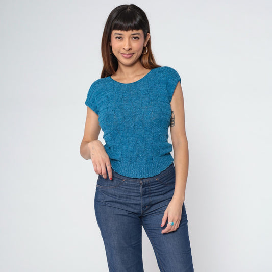 80s Blue Checkered Knit Cropped Top Cap Sleeve Small S