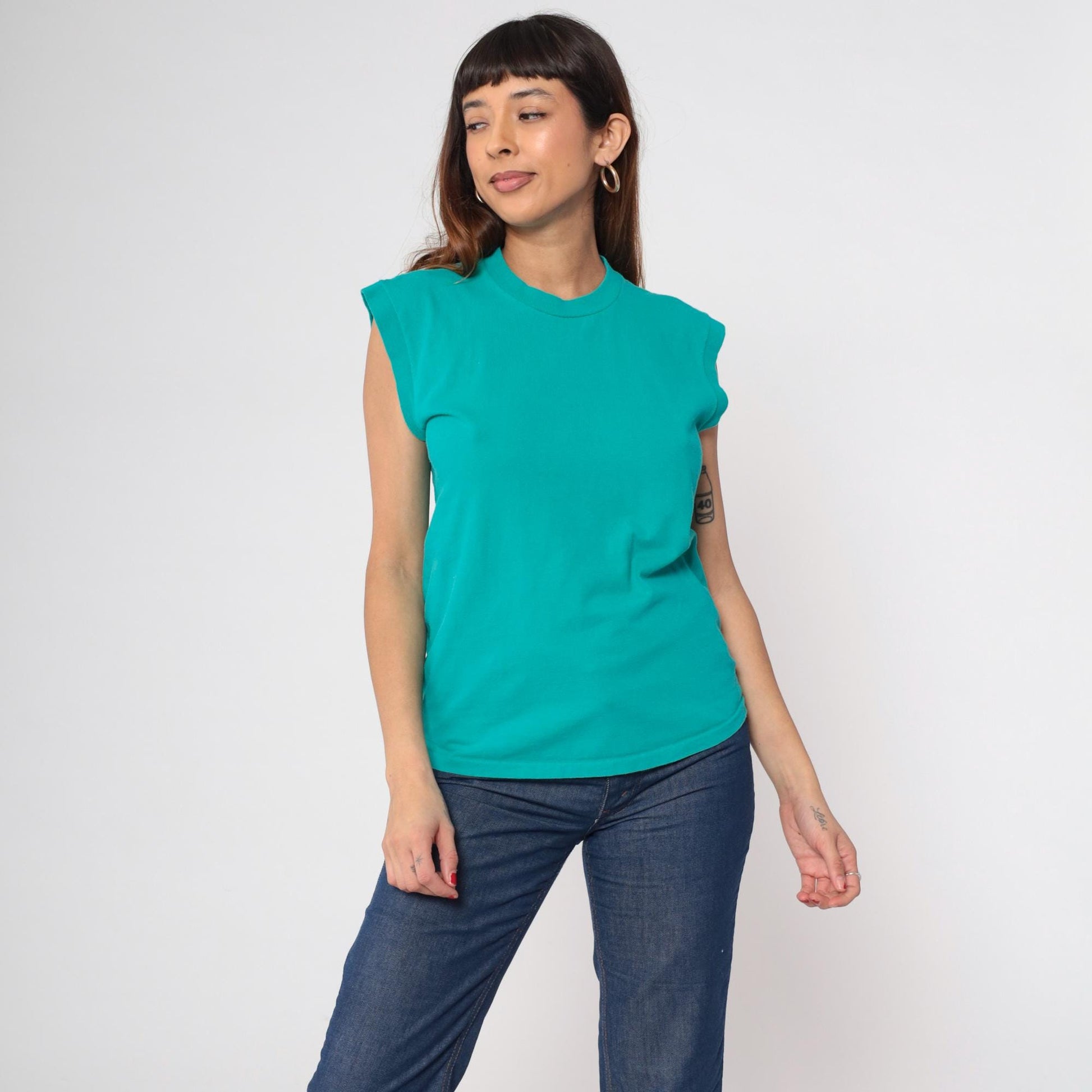 90s Towncraft Teal Muscle Tank Top Crewneck Single Stitch Cotton Small
