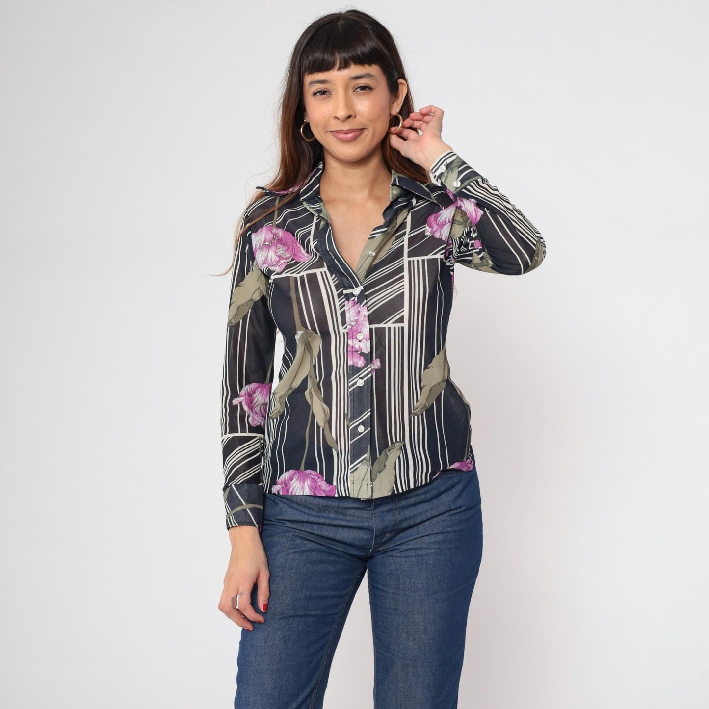 70s Sheer Floral Striped Blouse Black Dagger Collar Button Up Small