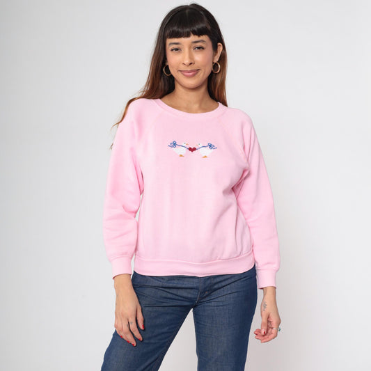 80s Pink Duck Embroidered Raglan Sweatshirt Heart Animal Crewneck Small