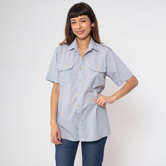 80s Claybrooke Grey-Blue Utility Shirt Button Up Chest Pocket Medium M
