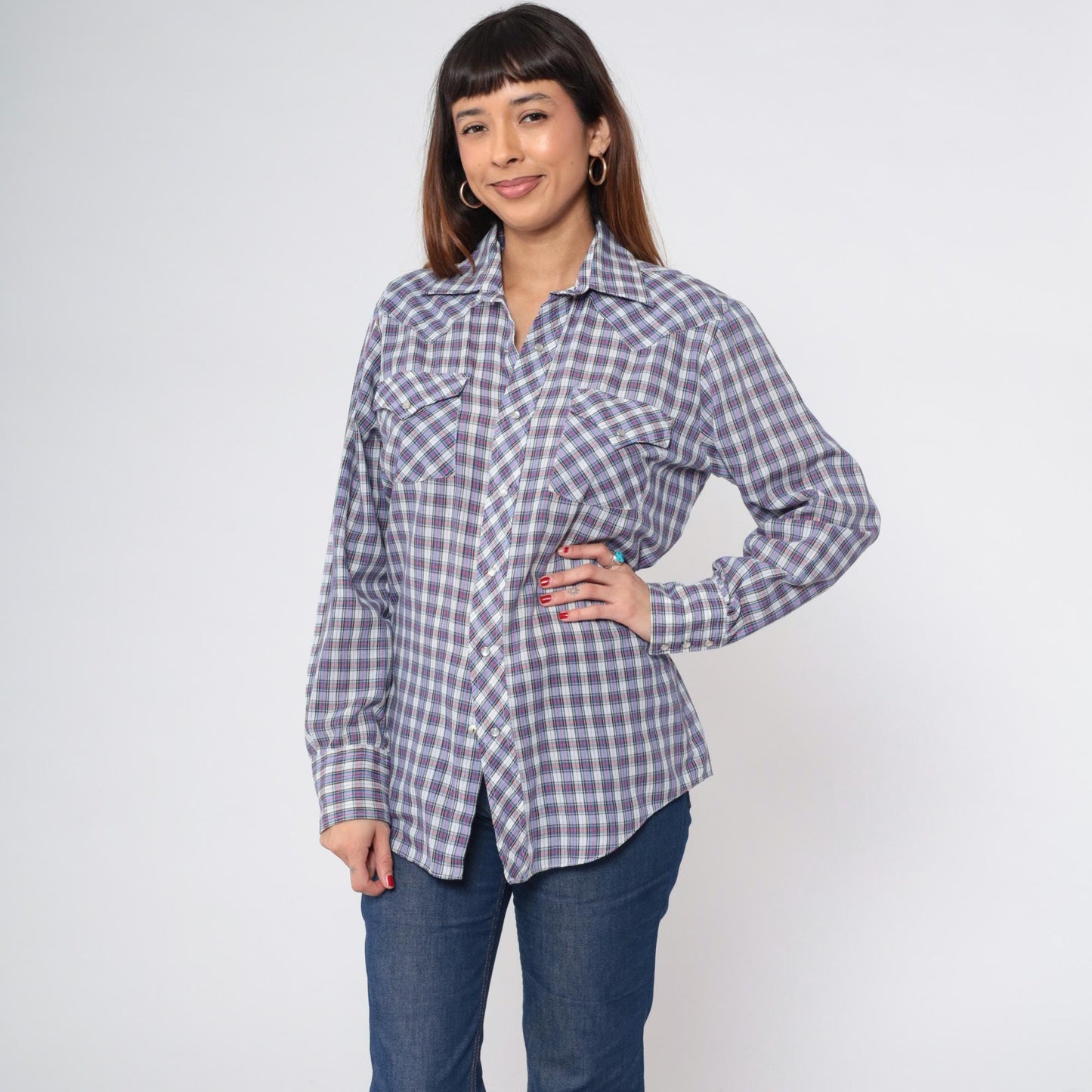 70s Sears Western Wear Plaid Pearl Snap Shirt Blue Red Checkered Men's Medium